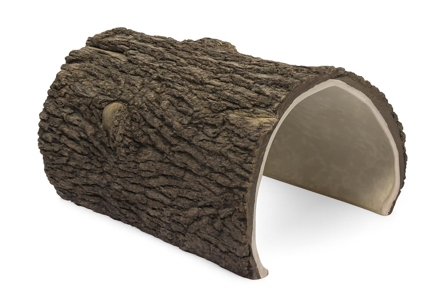 Crawl-Thru Log Tunnel with realistic bark texture and hollow interior on grass, natural playground climbing tunnel