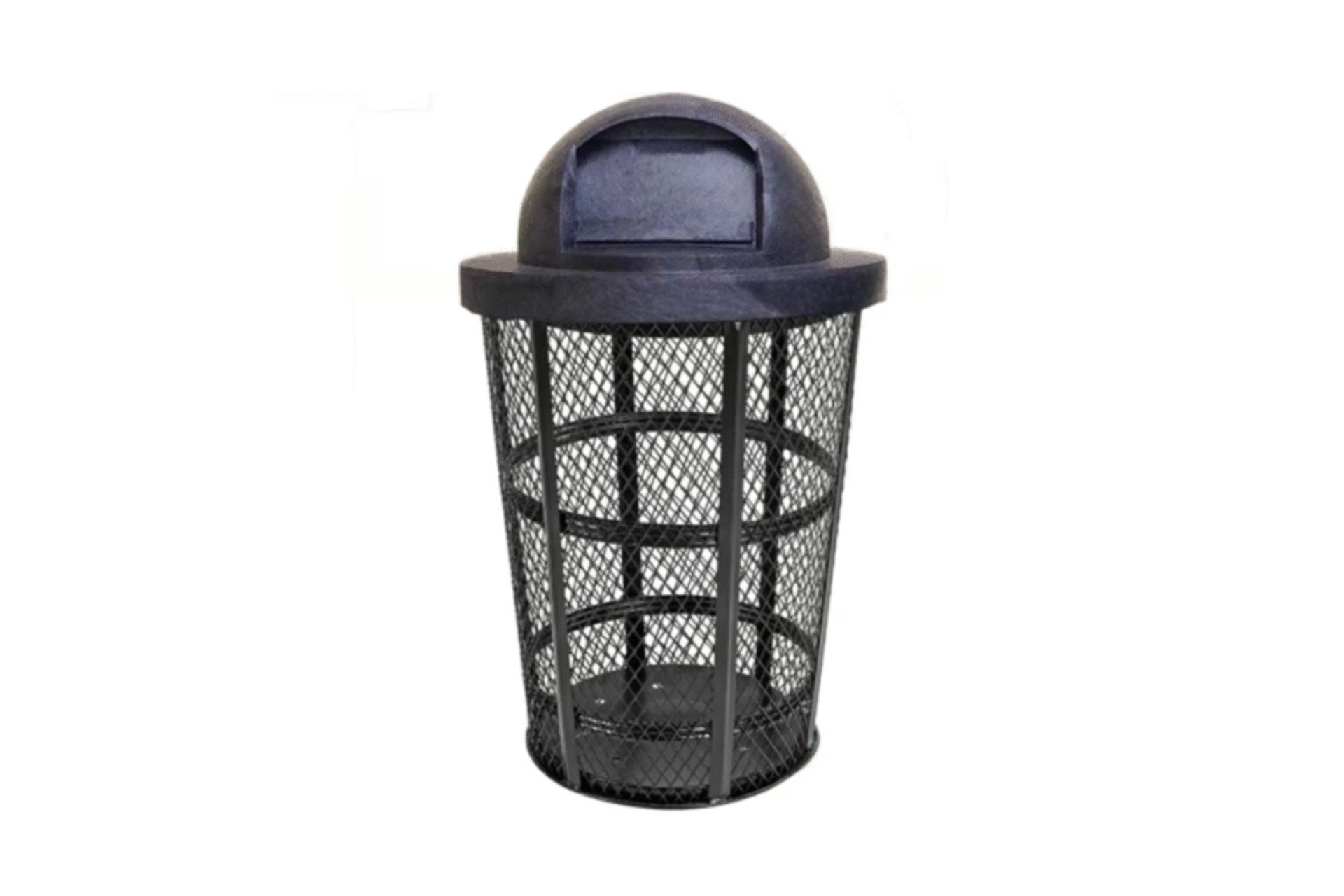 Black steel mesh outdoor trash can with corrosion-resistant expanded metal body and plastic dome lid