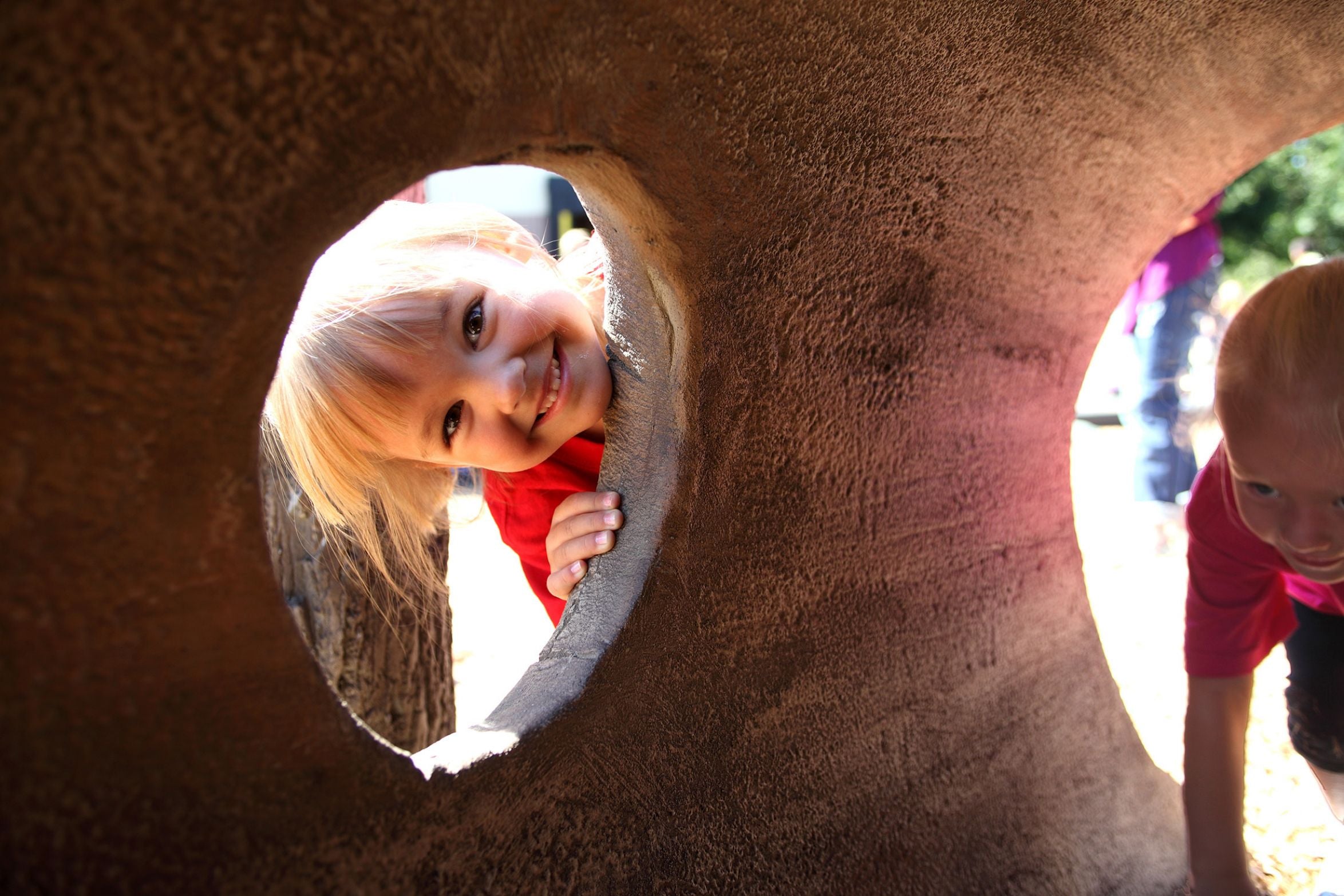 A child peeking through the window of a nature-themed log tunnel playground climber.