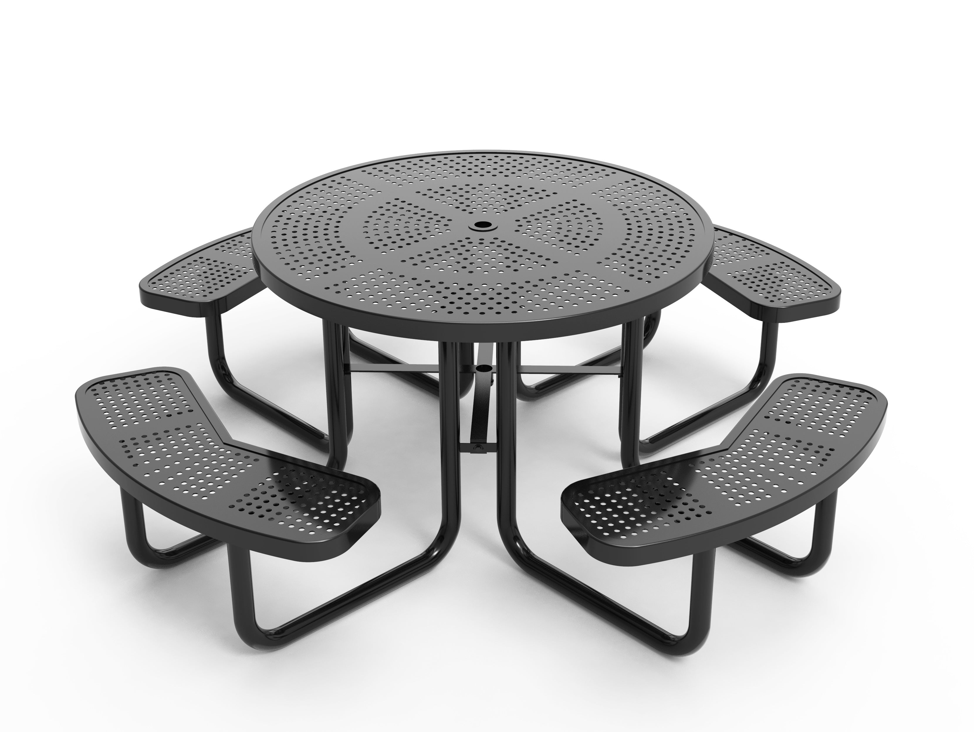 Black perforated steel round picnic table with four curved benches and central umbrella hole, angled view
