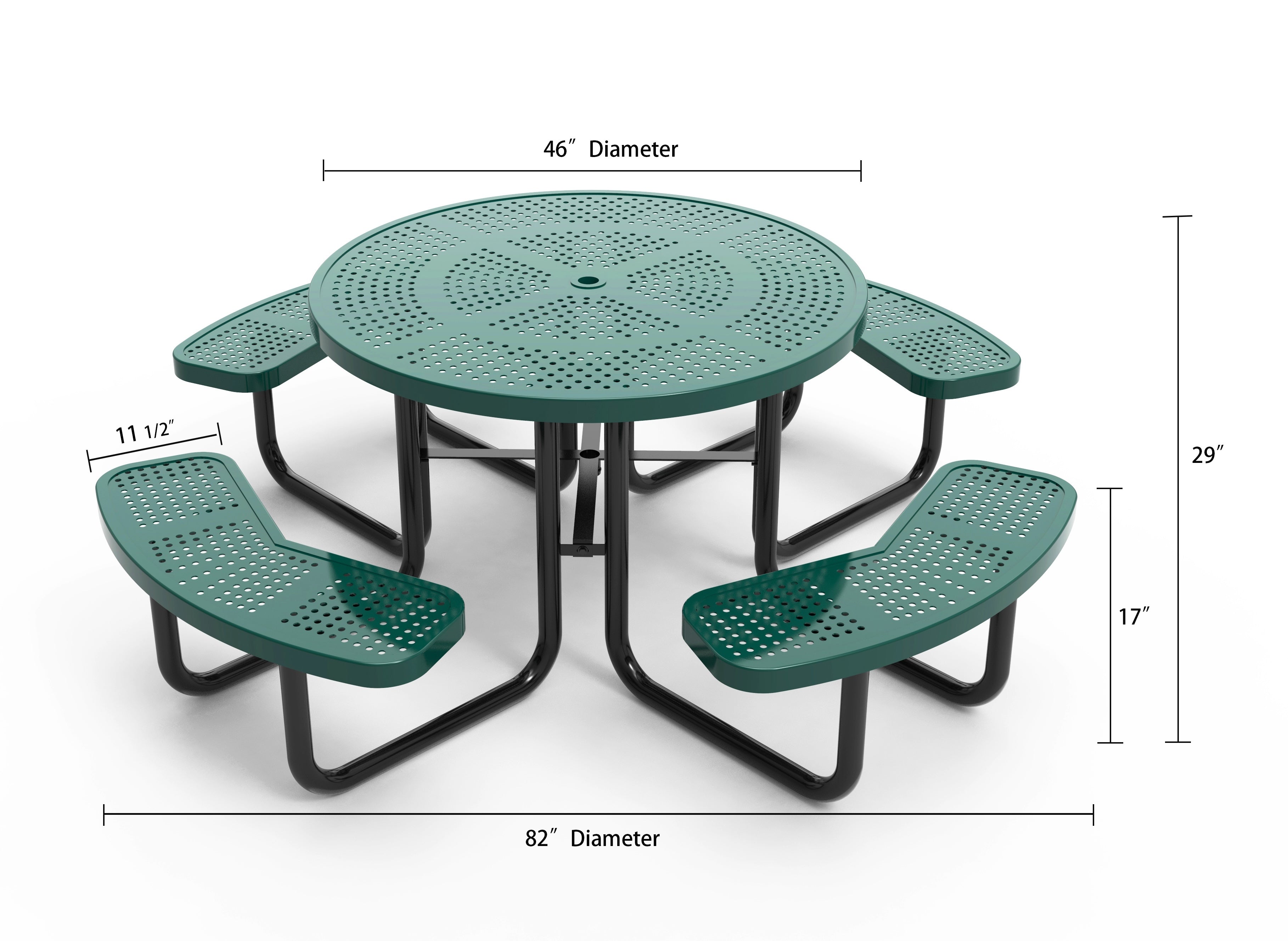 Green perforated steel round picnic table with four curved benches, central umbrella hole, and sturdy black frame