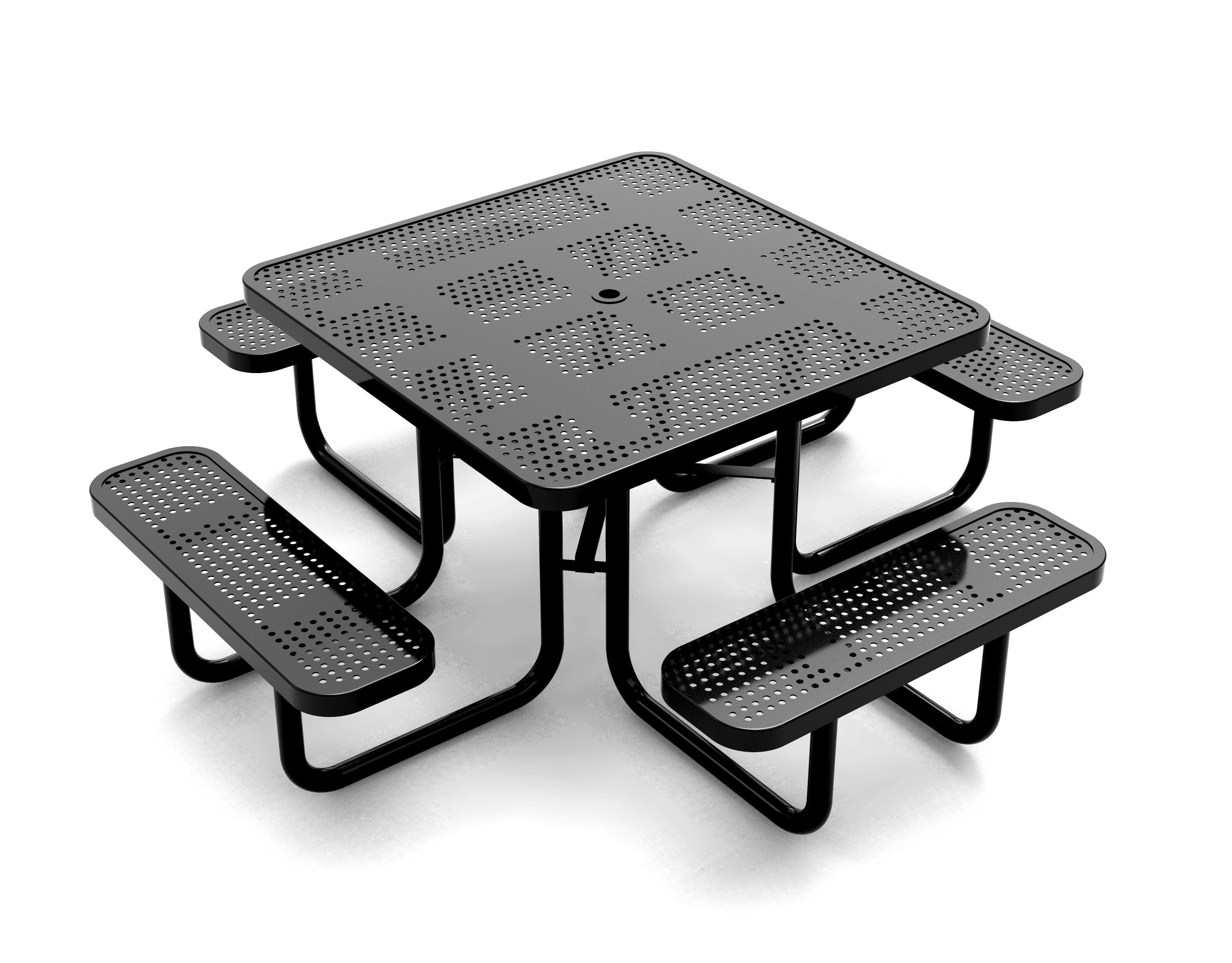 Black perforated steel square picnic table with four attached benches and central umbrella hole, angled view