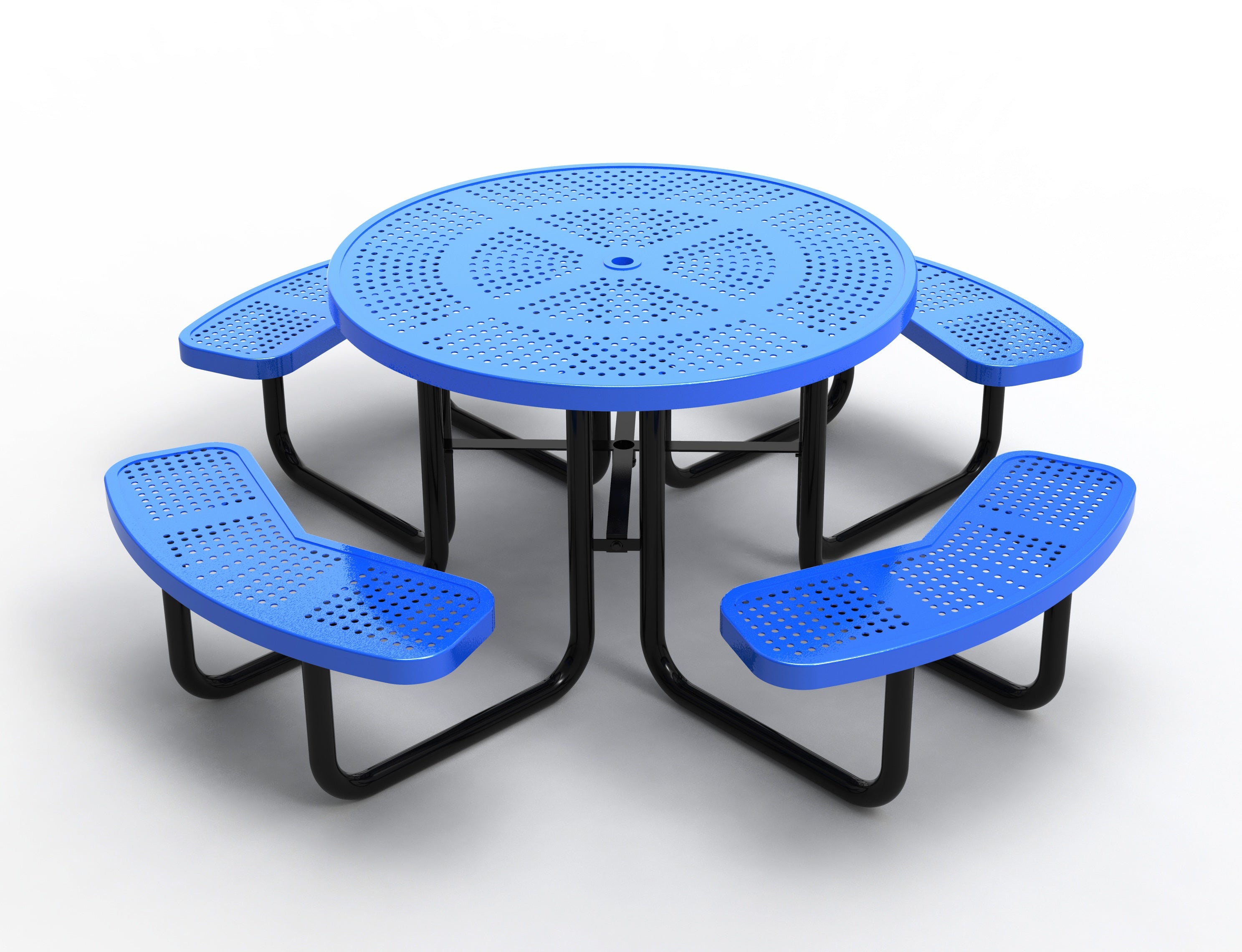 Perforated Steel 46" Round Picnic Table in blue with punched-steel tabletop, curved seats, and central umbrella hole