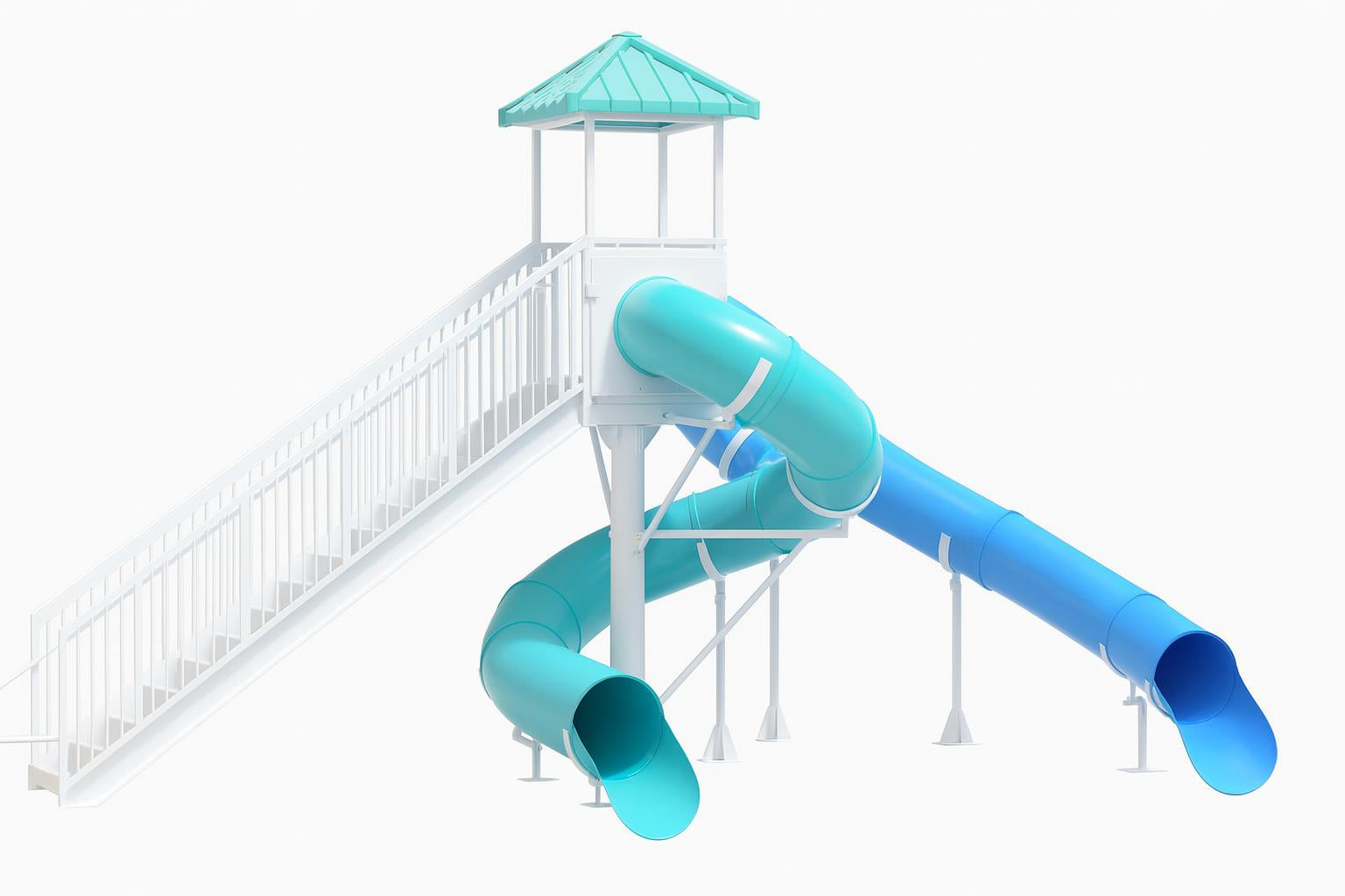 Sutherland Falls Water Slide with dual twisting blue and turquoise enclosed tube slides, white stairs, metal handrails, and poolside palm trees