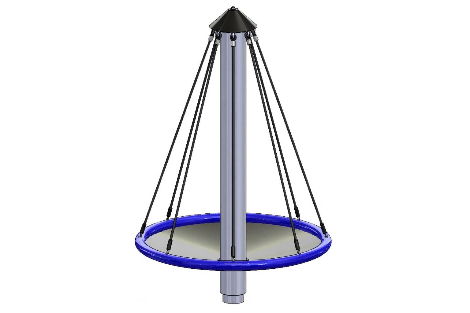 Bird's Nest Carousel Mini playground climbing equipment with blue circular nest suspended by black ropes from central metal pole