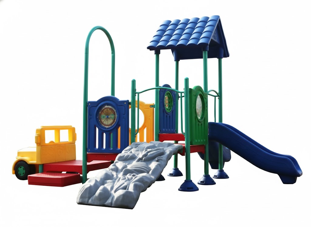 Christopher Columbus Explorer Center Early Childhood Playground with blue slide, climbing rock wall, yellow jeep, and colorful interactive panels on mulch ground