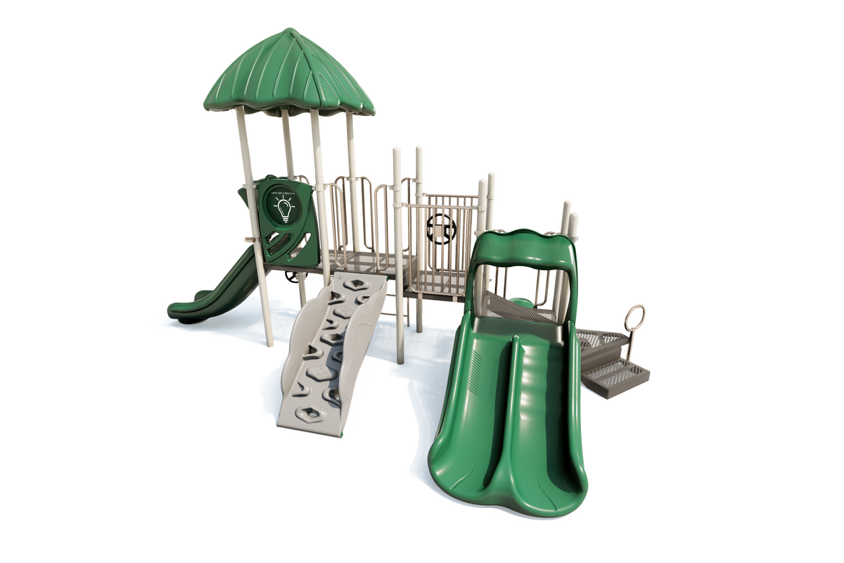 Green and beige playground structure with dual slides, climbing wall, platform, and leaf-shaped canopy