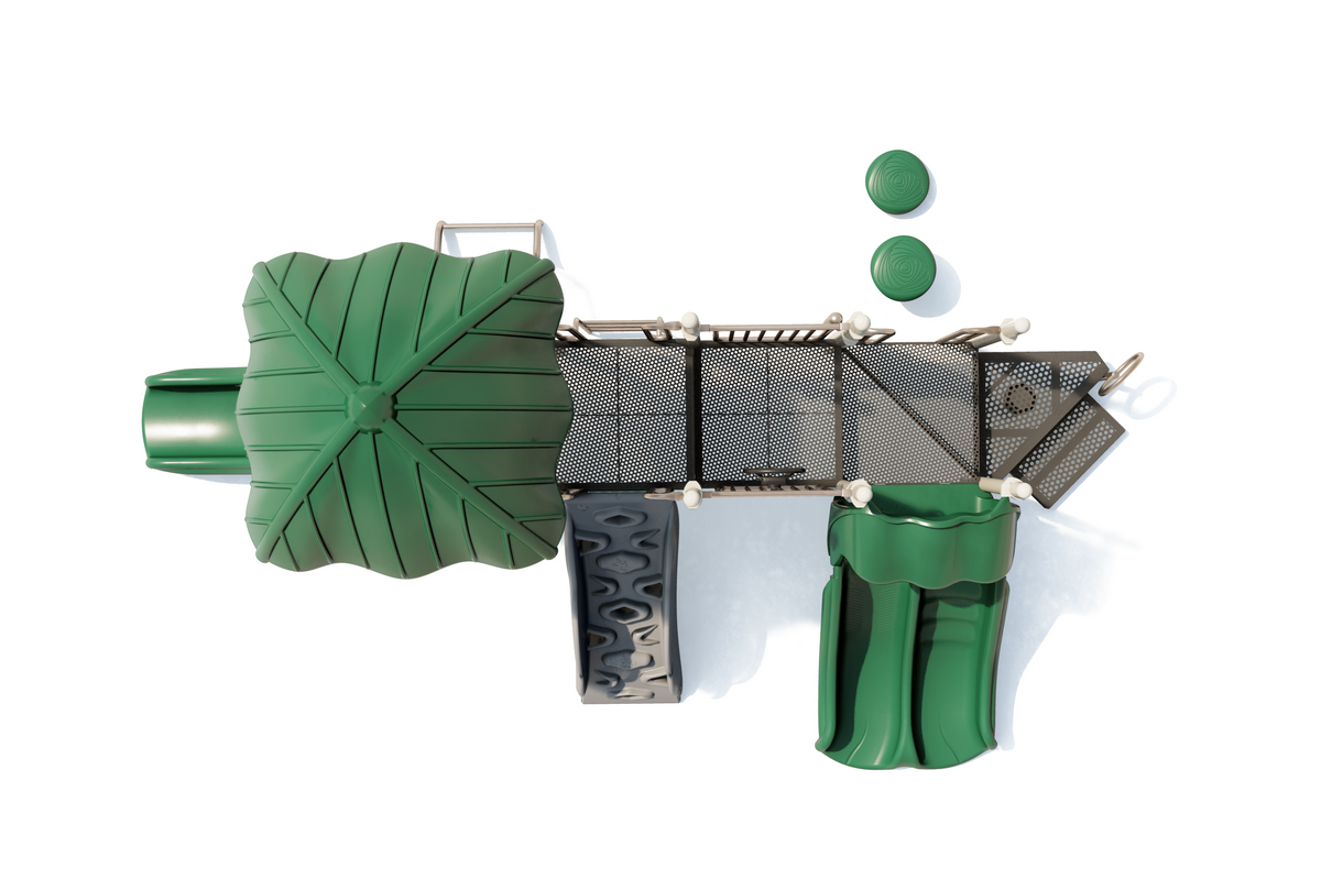 Overhead view of a green and beige playground structure with slides, climbing walls, platforms, and interactive play elements