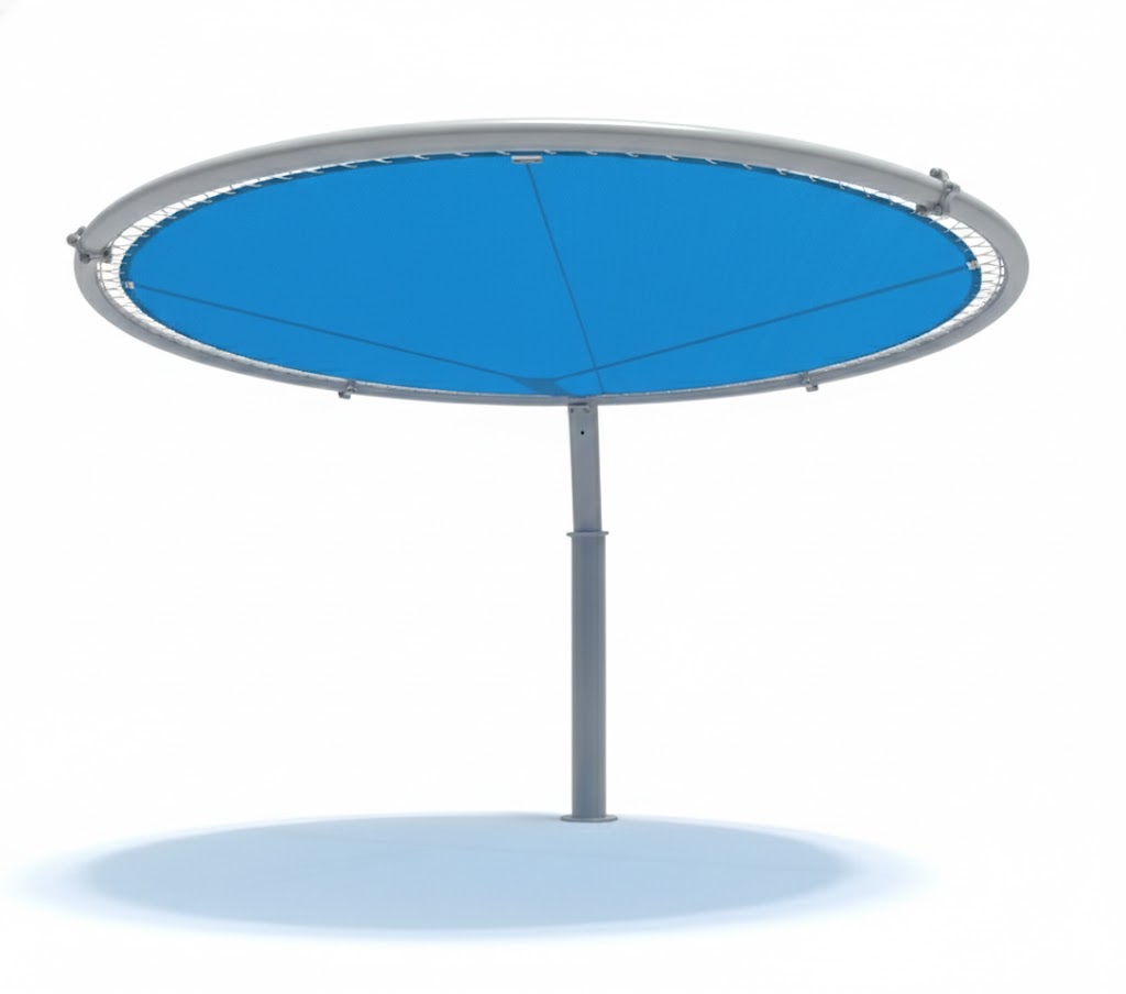 Cantilever Disc Shade Structure with circular blue fabric canopy suspended by curved silver metal column over outdoor area