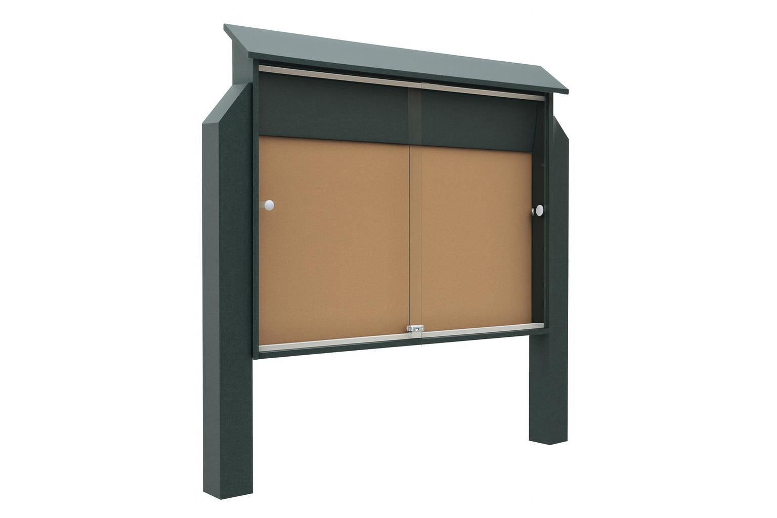 Sport Sign Model 250 outdoor park bulletin board with glass sliding doors, cork surface, and black weather-resistant frame for community displays