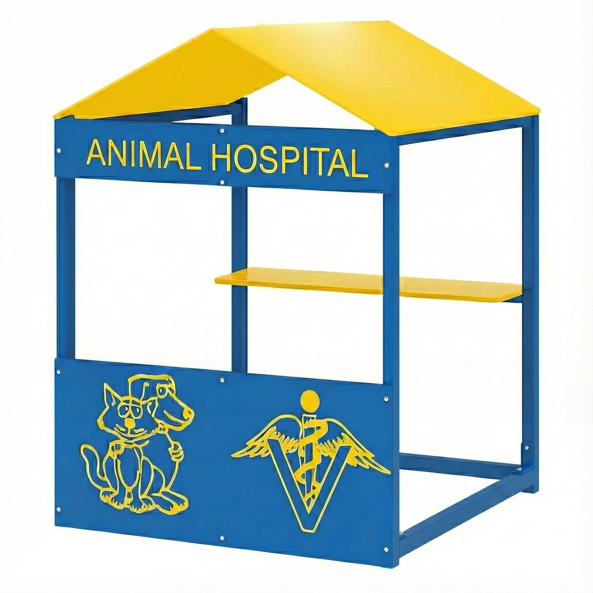 Animal Hospital Playhouse with yellow HDPE roof, blue panels featuring veterinary and animal symbols, children playing inside outdoors