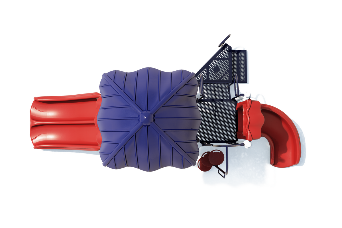 Overhead view of compact playground with two red slides, blue canopy, black climbing panels, sensory play elements, and colorful features
