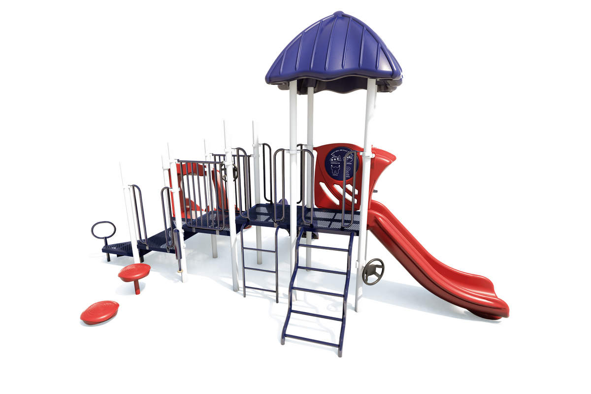 Outdoor playground with blue roof, red slide, climbing ladders, and interactive play panels on a sturdy steel structure