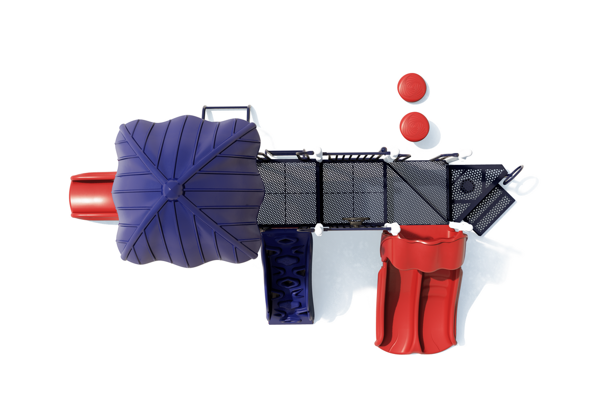 Overhead view of a colorful playground with red slides, blue climbing wall, and shaded platform in a large play system