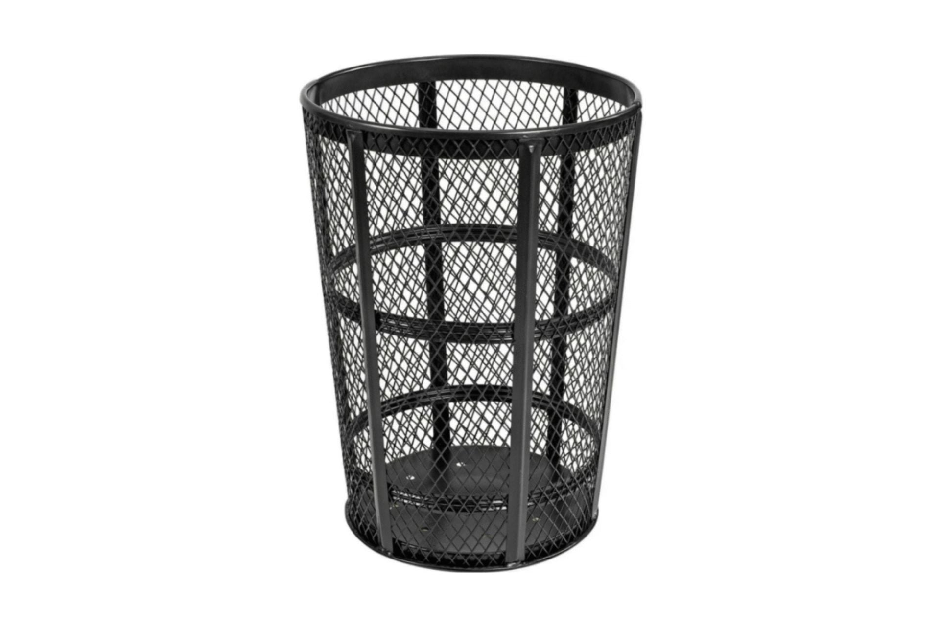 Outdoor Steel Mesh Corrosion Resistant Trash Can with black expanded steel mesh body, reinforced bands, and dome-shaped base
