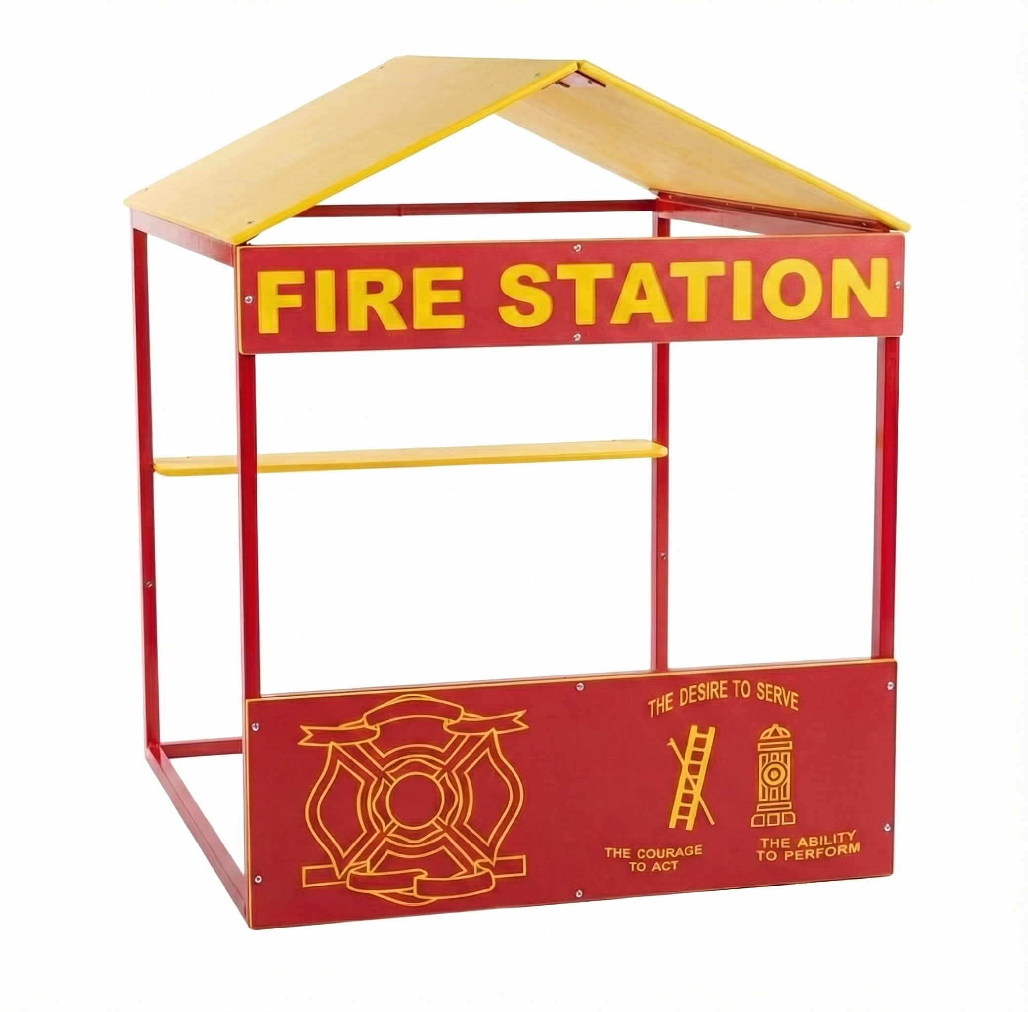 Fire Station Playhouse with red and yellow frame, firefighter emblem, open design, two children in helmets playing outdoors on grass