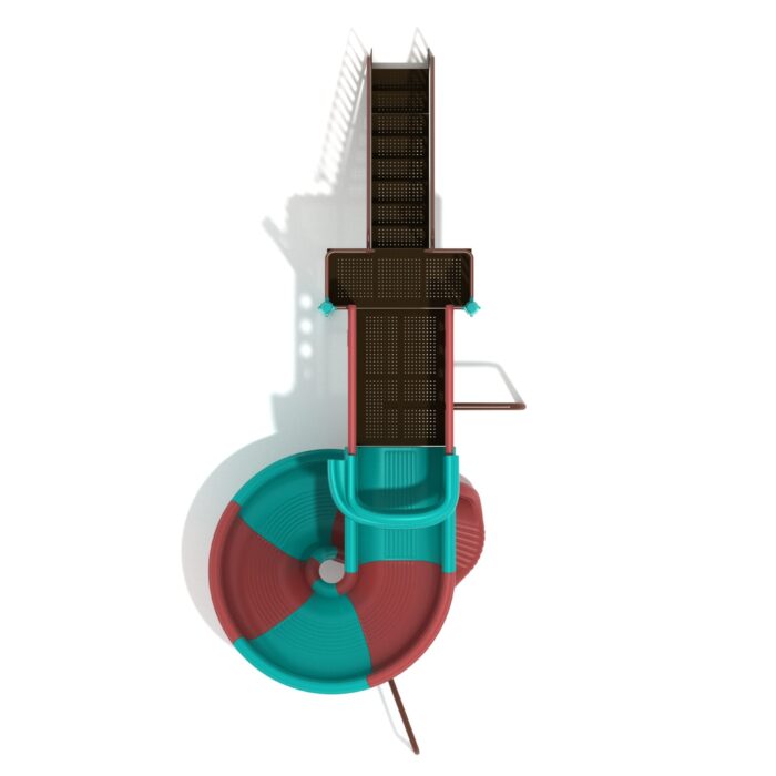 Top-down view of the freestanding sectional spiral slide showing platform, stairway, and circular slide path