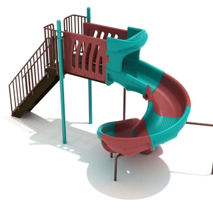 Angled view of the spiral playground slide highlighting platform rails, staircase, and curved exit section