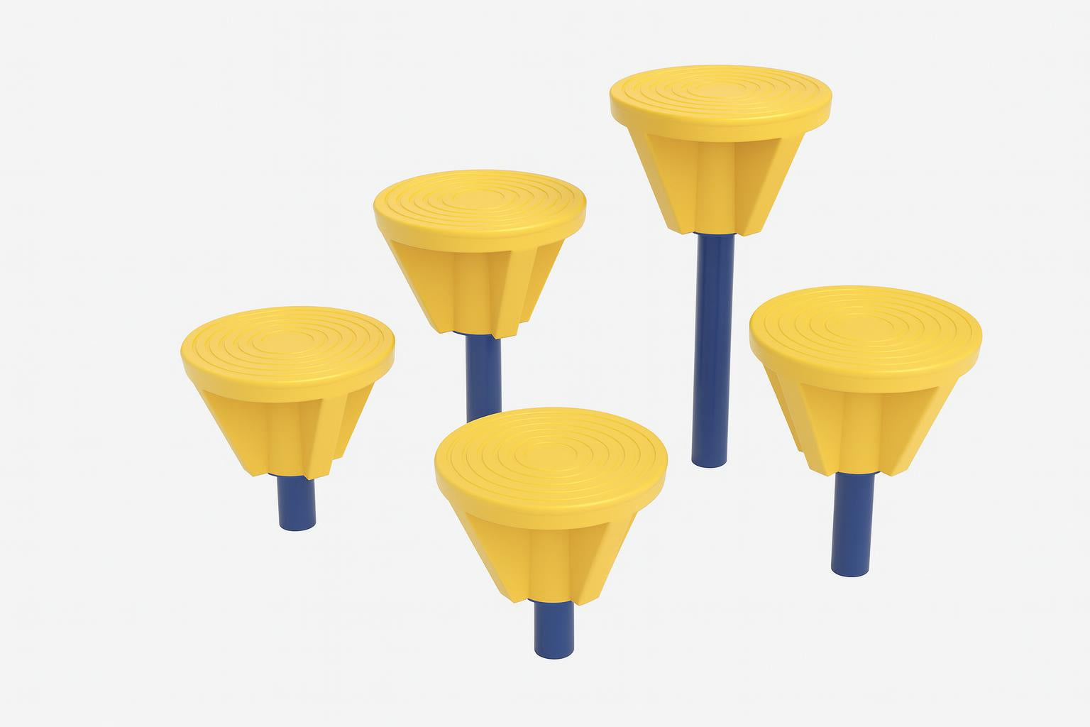 Fun Pods Playground Section, 5 yellow-topped pods with blue poles for balance and coordination challenges in outdoor play area