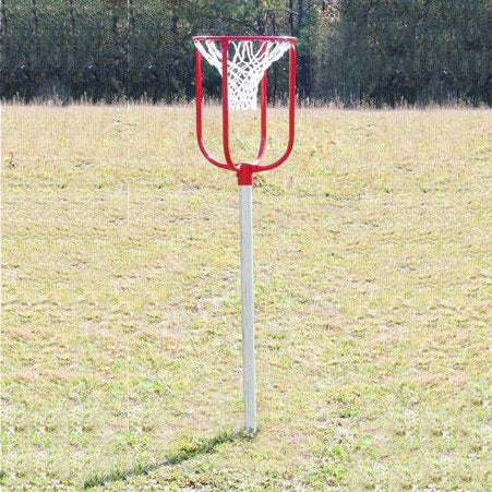 Red and white portable basketball goal with metal pole and net on grassy field for hand-eye coordination play