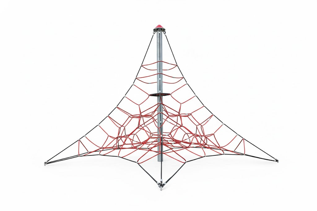 Spider Climber outdoor play structure with red and black rope mesh, four legs, central metal pole, and children on multi-directional grips
