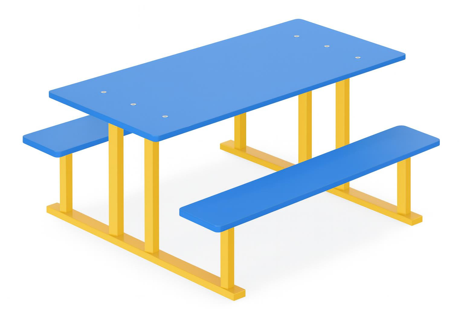 Preschool Picnic Table with blue HDPE top, yellow powder-coated metal frame, outdoor setting with children seated on grass, toys and drinks nearby