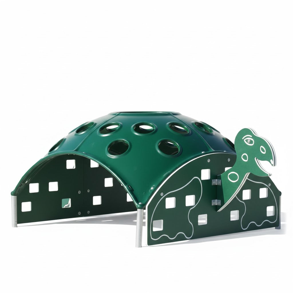 Turtle Climber green turtle-shaped outdoor climbing structure with circular and square cutouts, two children playing on top
