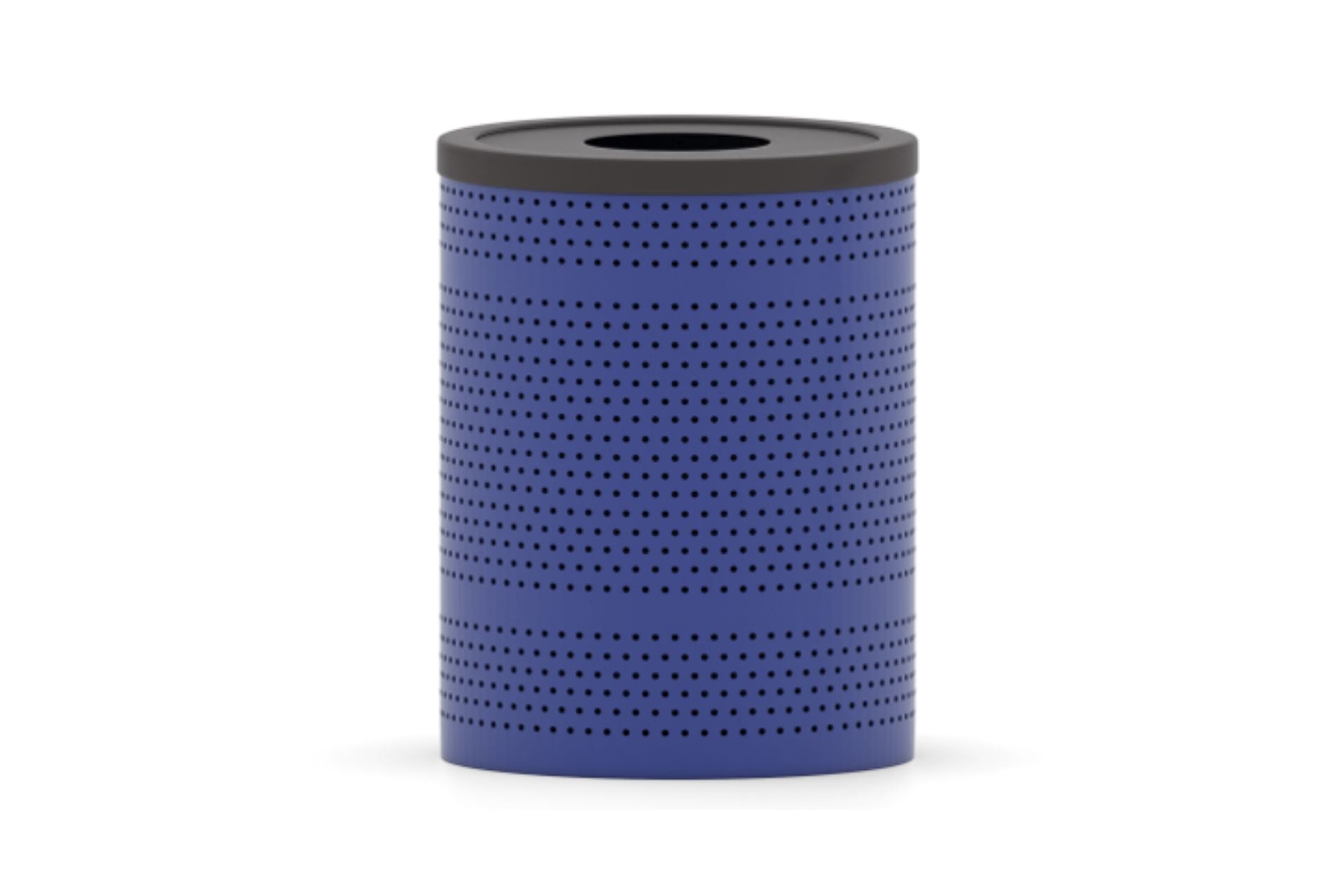 Blue perforated metal outdoor trash receptacle with round black lid and central opening for waste disposal