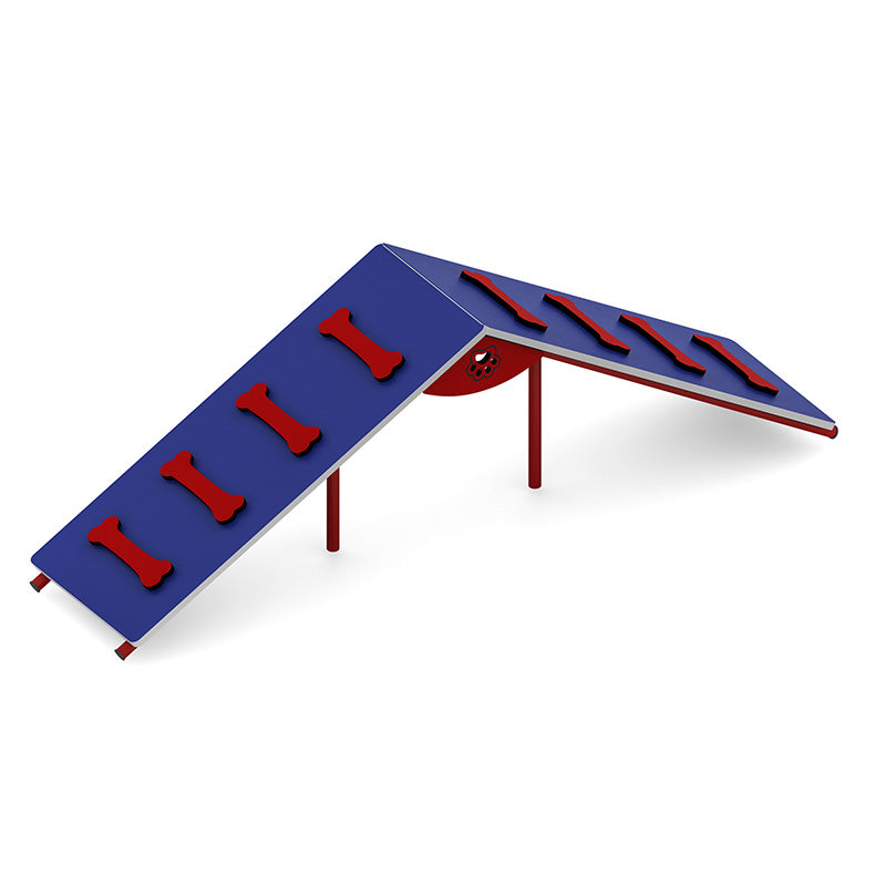Bark N' Over dog agility A-frame ramp with blue walking surfaces and red bone-shaped cleats