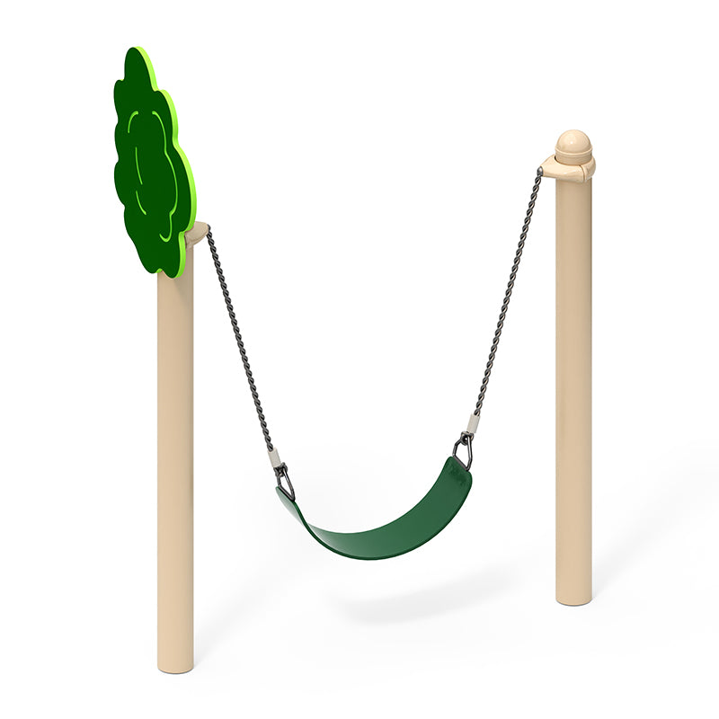 Wee Tree Swing with two beige posts, green belt seat, and tree-themed accent panel