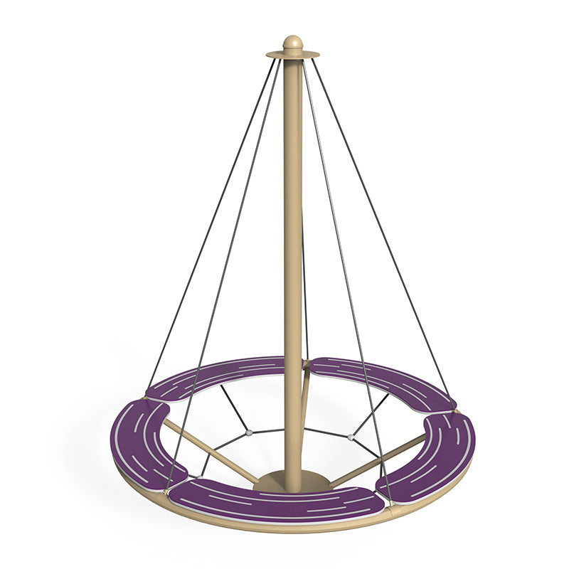 Spin Nest circular playground spinner with central post and purple segmented seating