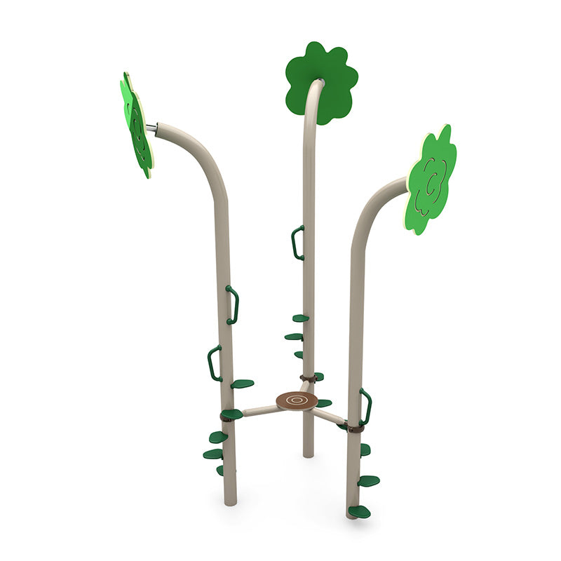 Jungle Sprouts Climber freestanding play structure with three arched posts, green leaf toppers, step pods, and central balance platform