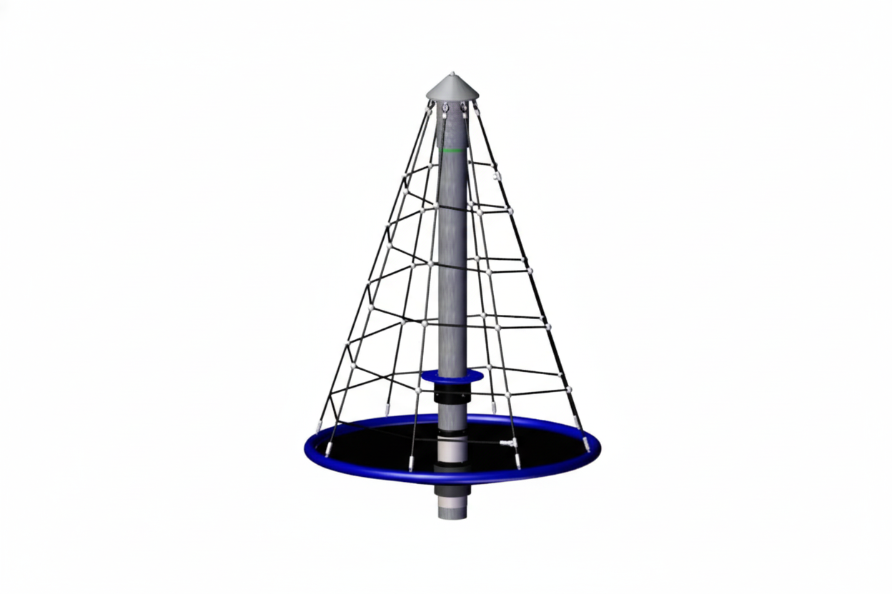 Spiral Carousel climbing equipment with conical rope net and circular blue frame for interactive outdoor play and skill development