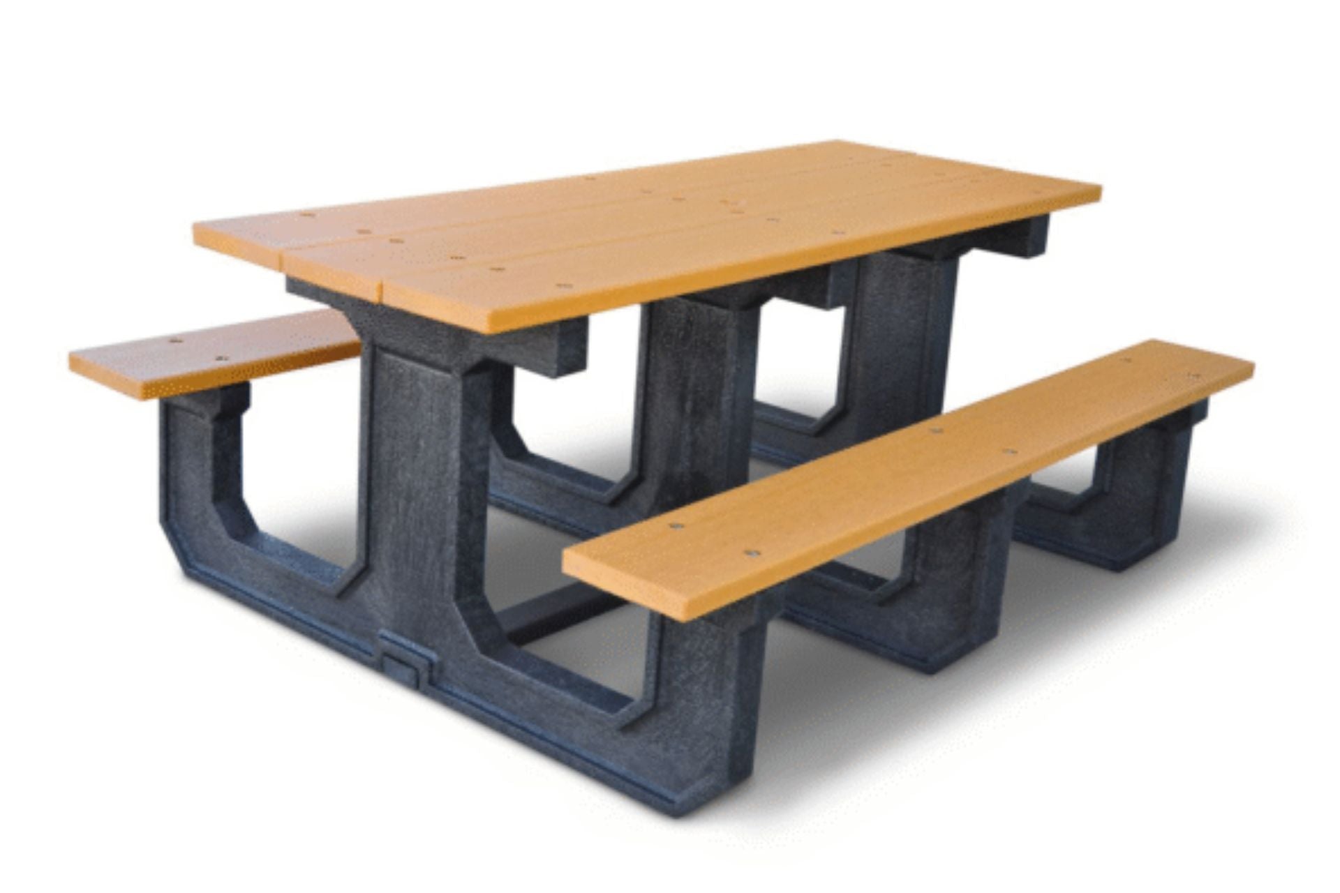Recycled Rectangle Plastic Commercial Picnic Table with tan recycled plastic top and seats, black heavy-duty frame