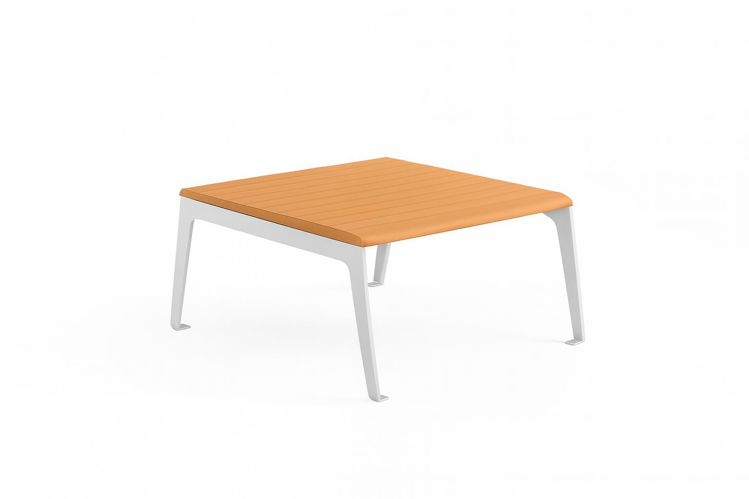 Plaza Recycled Plastic Outdoor Table with orange slatted recycled plastic top and silver metal legs, modern eco-friendly square picnic table