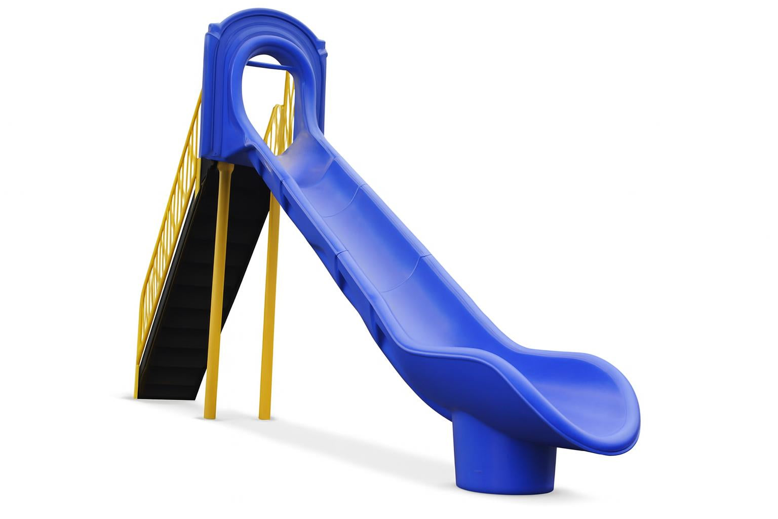 Independent Slide with blue high-sided polyethylene slide and yellow stairs on outdoor mulch playground surface