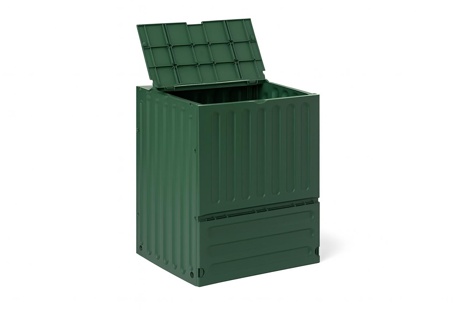 Eco King 600 Compost Bin in green with open lid and front door, woman adding organic waste in garden setting