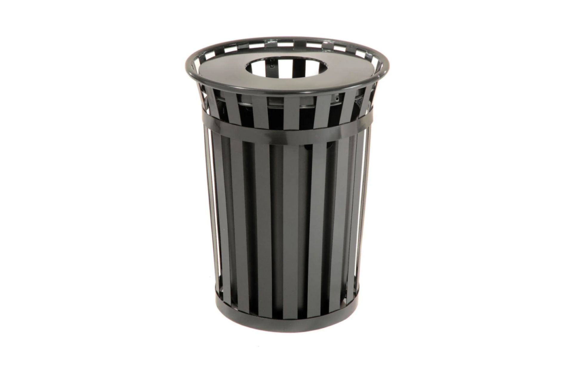 36 Gallon Slatted Wide Top Commercial Trash Receptacle in black metal with vertical slats and wide circular opening