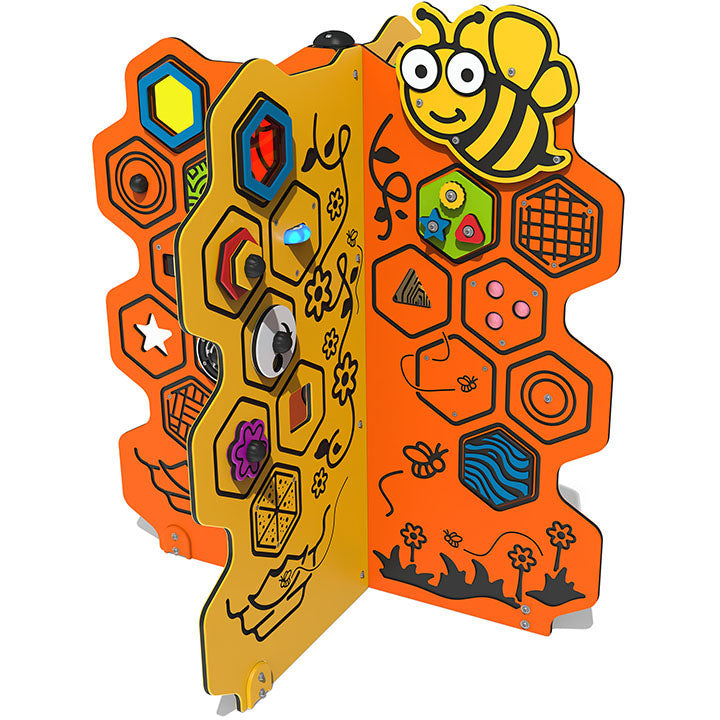 BeeHive Sensory Center with colorful hexagonal panels, rotating shapes, tactile elements, mirrors, and a smiling bee figure