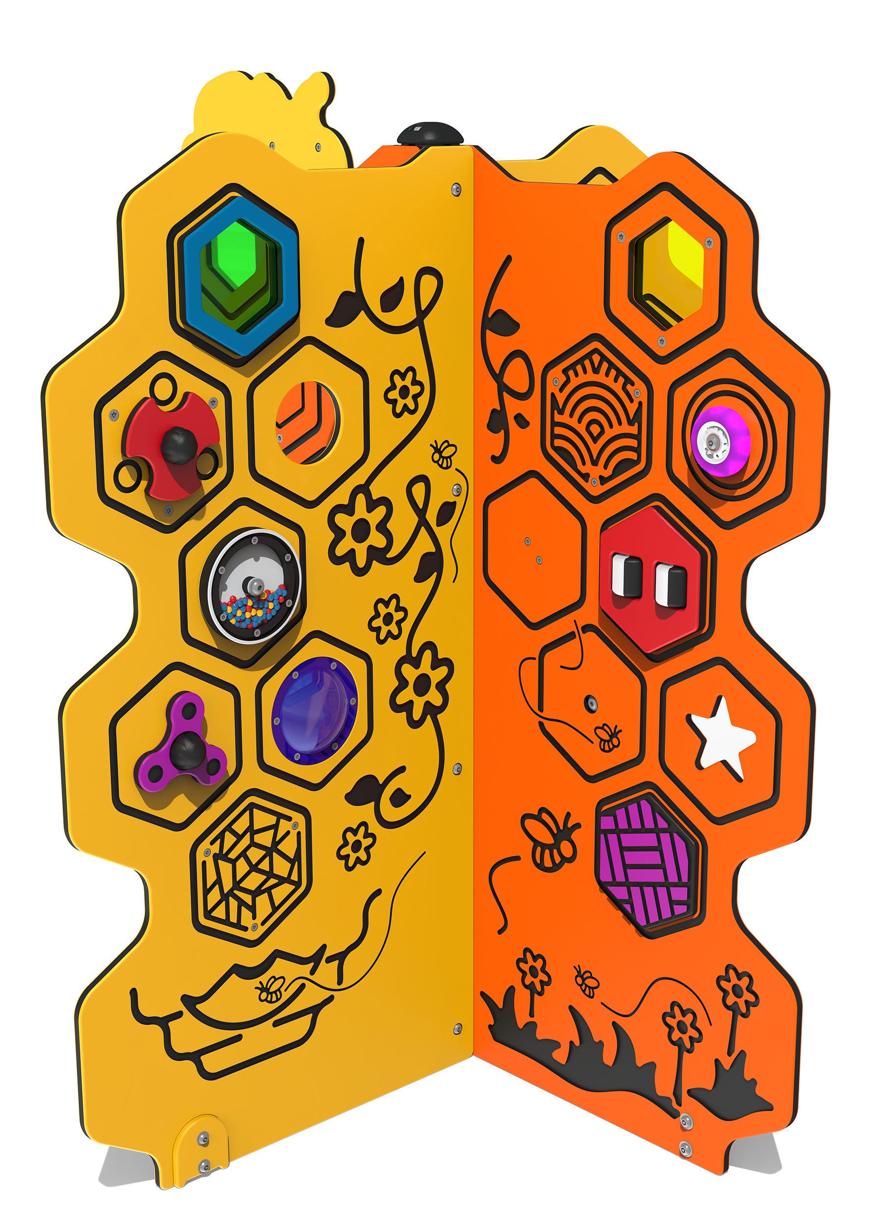 Colorful beehive-shaped sensory play panel with rotating, sliding, and tactile hexagonal elements and bee illustrations