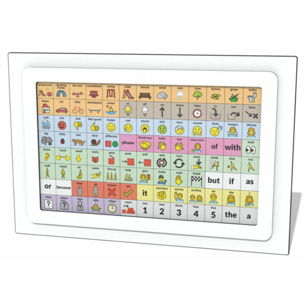 Communication Panel with colorful symbol and word buttons for interactive language and social skill development in playgrounds