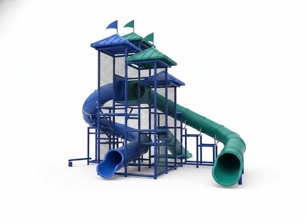 The Red Sea Water Slide with two curved blue and green slides, protective netting, roofs, and a blue metal frame by a pool