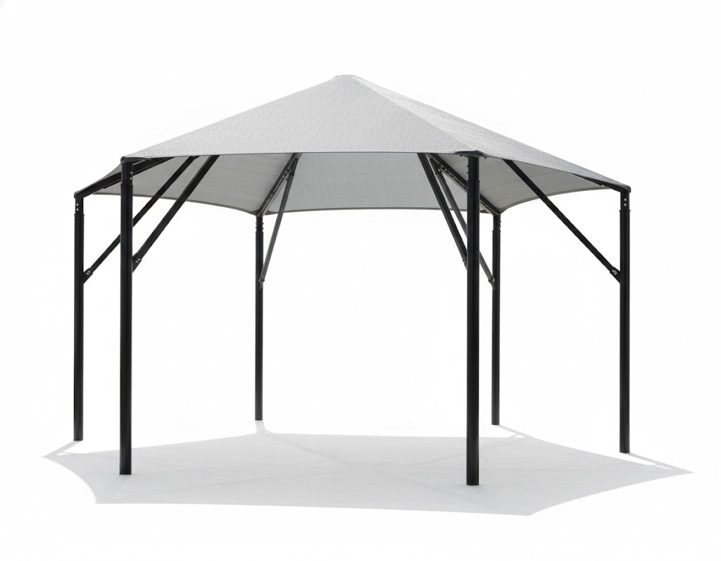 Hexagon Shade Structure with 6 Posts, gray hexagonal canopy supported by six black metal posts over paved outdoor area providing sun protection