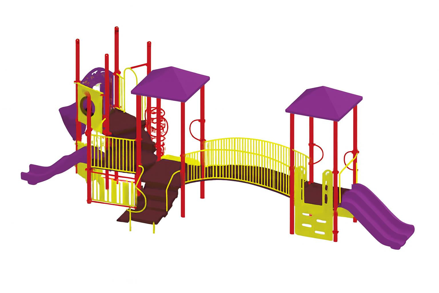 Alex Modular Playground with purple slides, yellow climbing walls, red posts, and a curved yellow bridge connecting two platforms