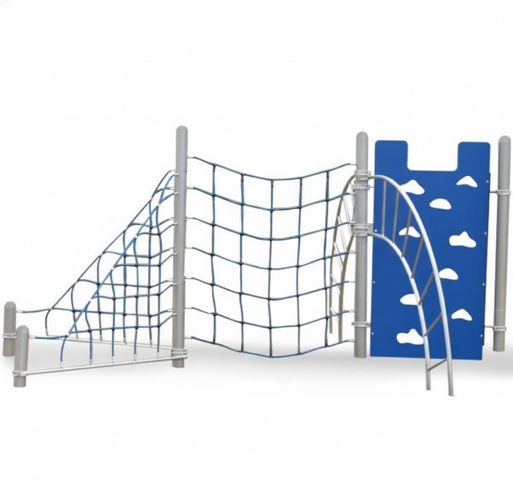 Hercules VII Climber with blue climbing wall, arch ladder, and net climber on durable outdoor playground equipment