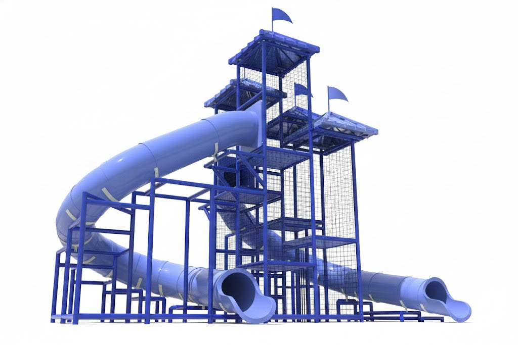The Caribbean Sea Water Slide with two large blue curved tube slides, metal frame, climbing decks, and blue flags
