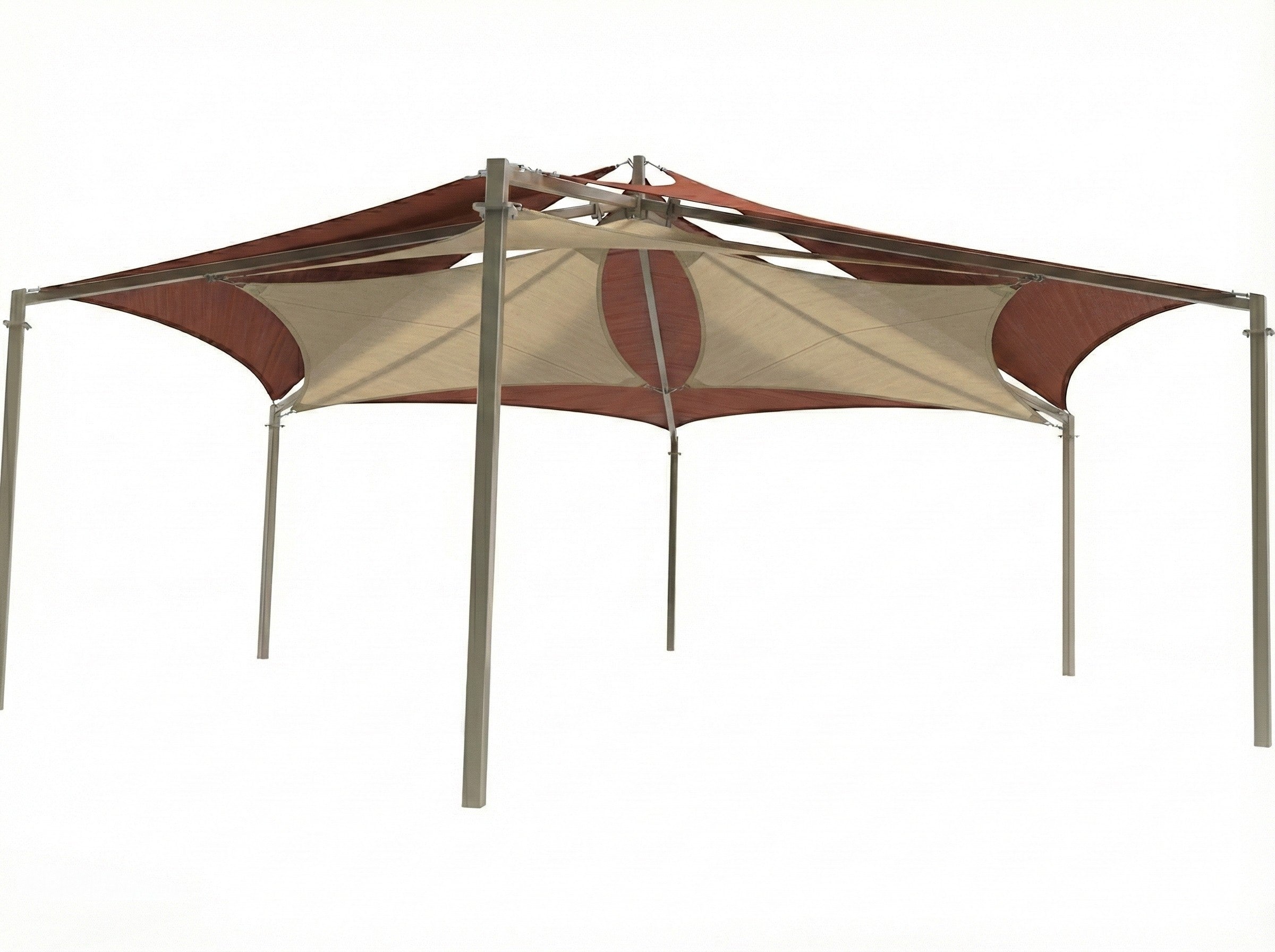 Mariner Hexagon Shade Structure with six beige posts and dual-layer brown and tan fabric over paved courtyard near church building