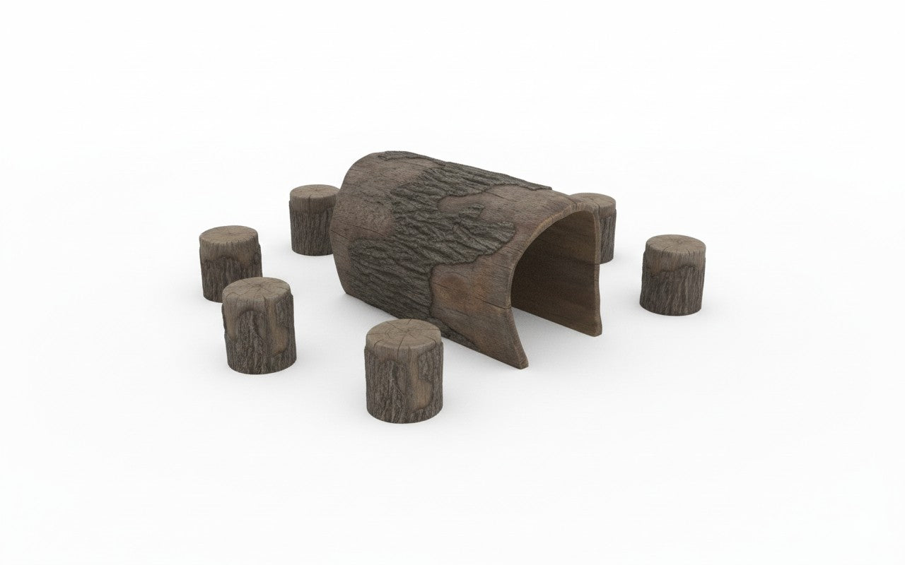 Nature Themed Playground Log Crawl Tunnel with realistic wood grain and bark texture, hollow curved climbing tunnel with children playing inside and around