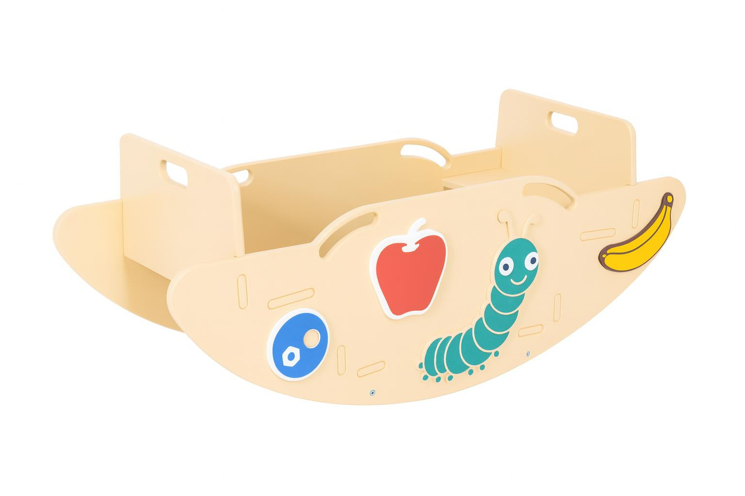 Beige caterpillar-themed toddler seesaw with handholds, footrests, and colorful fruit and bug figures on grassy playground