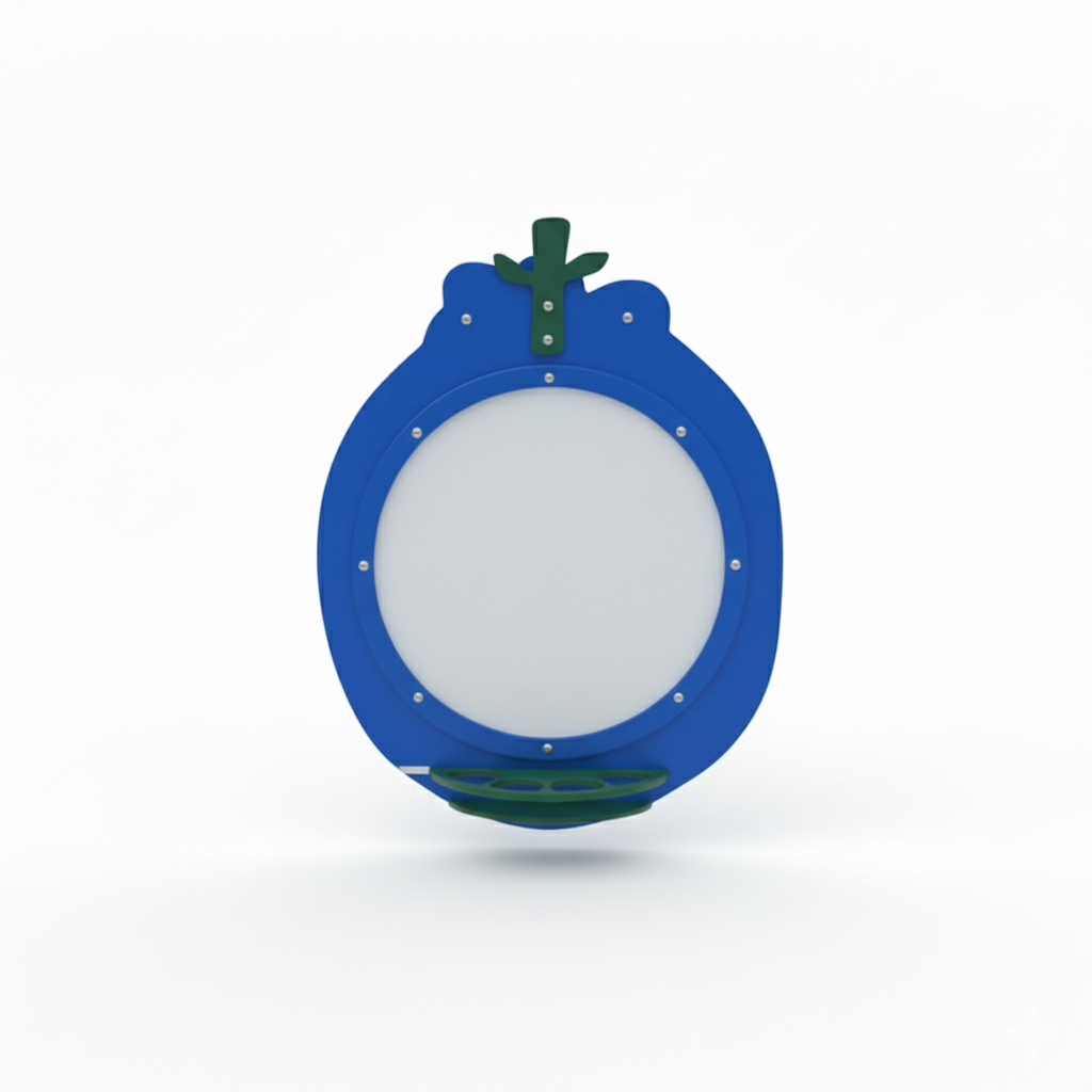 Blue circular outdoor play panel with white drawing surface and green leaf accents resembling a blueberry fruit.